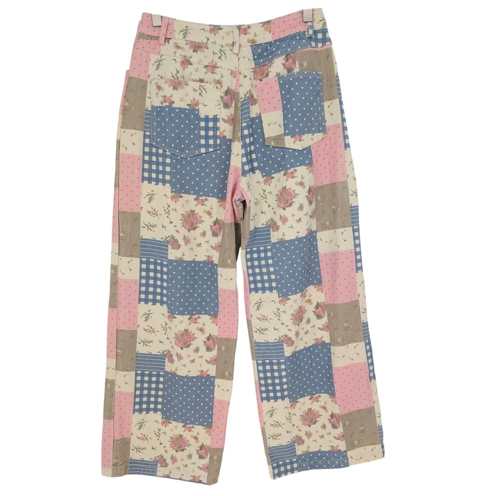 Cider Patchwork Floral Wide Leg Jeans Women S Pink Blue Boho Cottage Retro - Picture 3 of 11